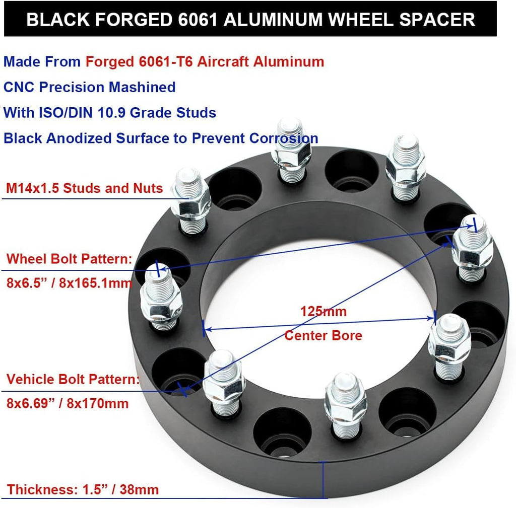 Black Forged 8x170 to 8x6.5 Wheel Adapters 1.5 Inch with 14x1.5 Studs Pack of 2 M77066