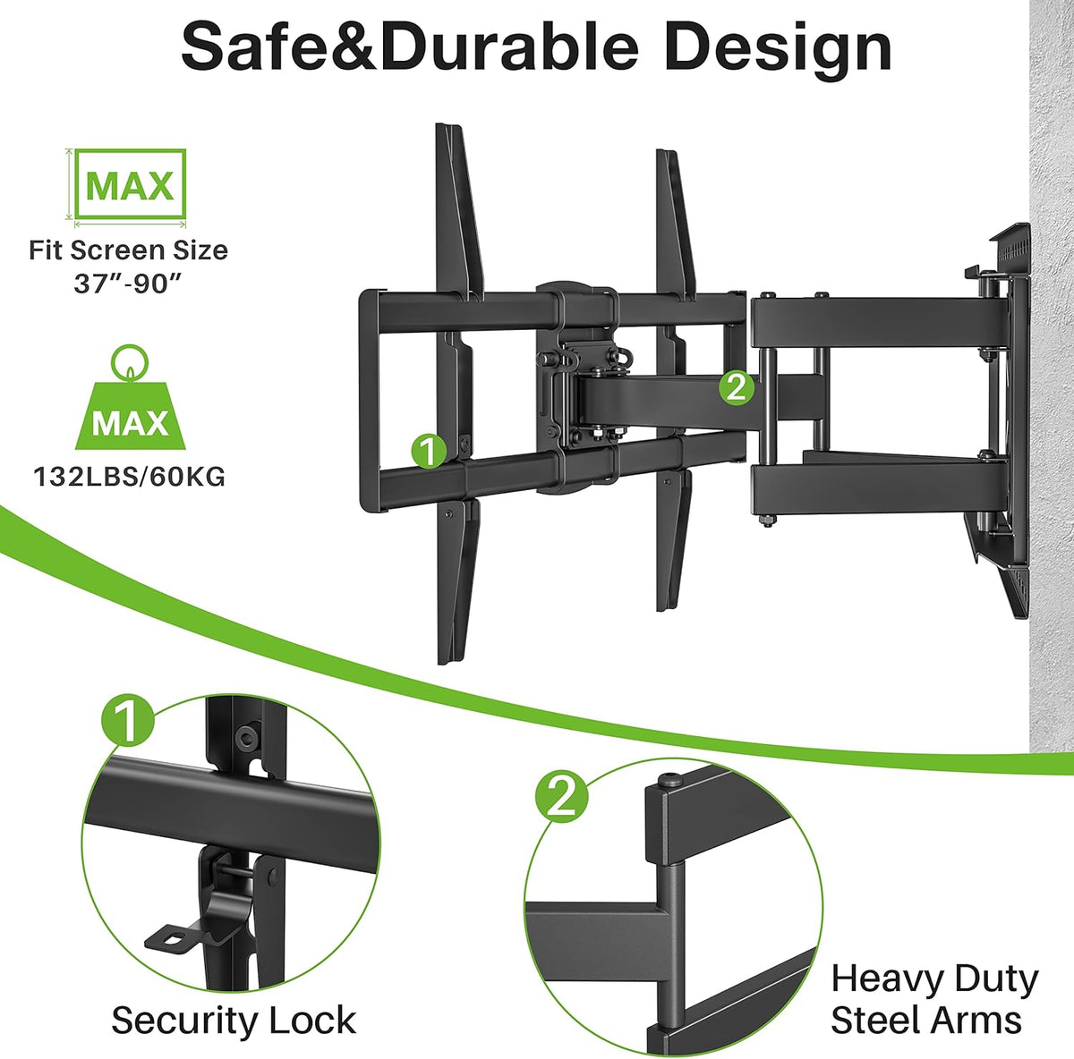 Full Motion TV Wall Mount for 37"-90" TVs, VESA 600x400mm, 132lbs H4342
