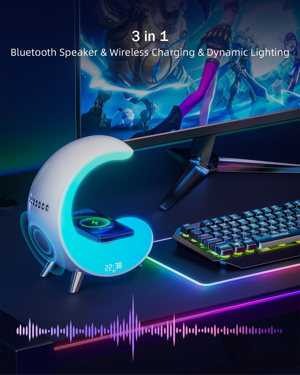 Desk Lamp with Wireless Charger, Bluetooth Speaker Alarm Clock, Color-Changing Ambient Light F517633