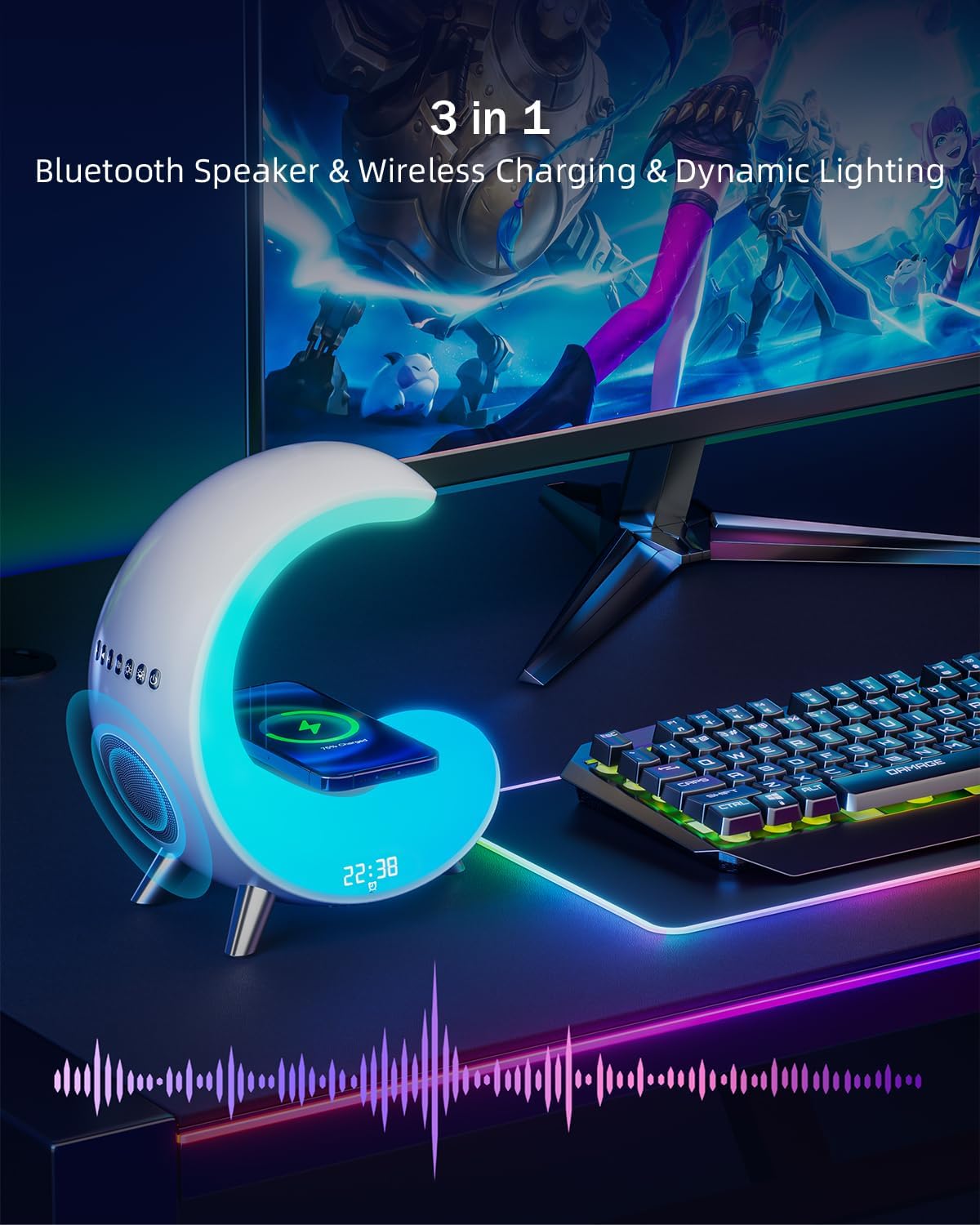 Desk Lamp with Wireless Charger, Bluetooth Speaker Alarm Clock, Color-Changing Ambient Light F517633