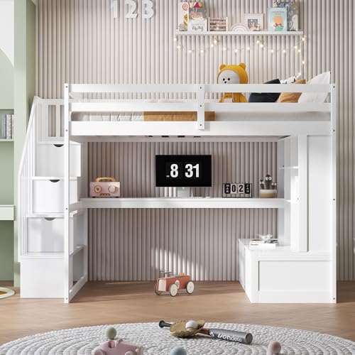White Full Size Loft Bed with L-Shaped Desk, Wardrobe and Storage Shelves Q1931