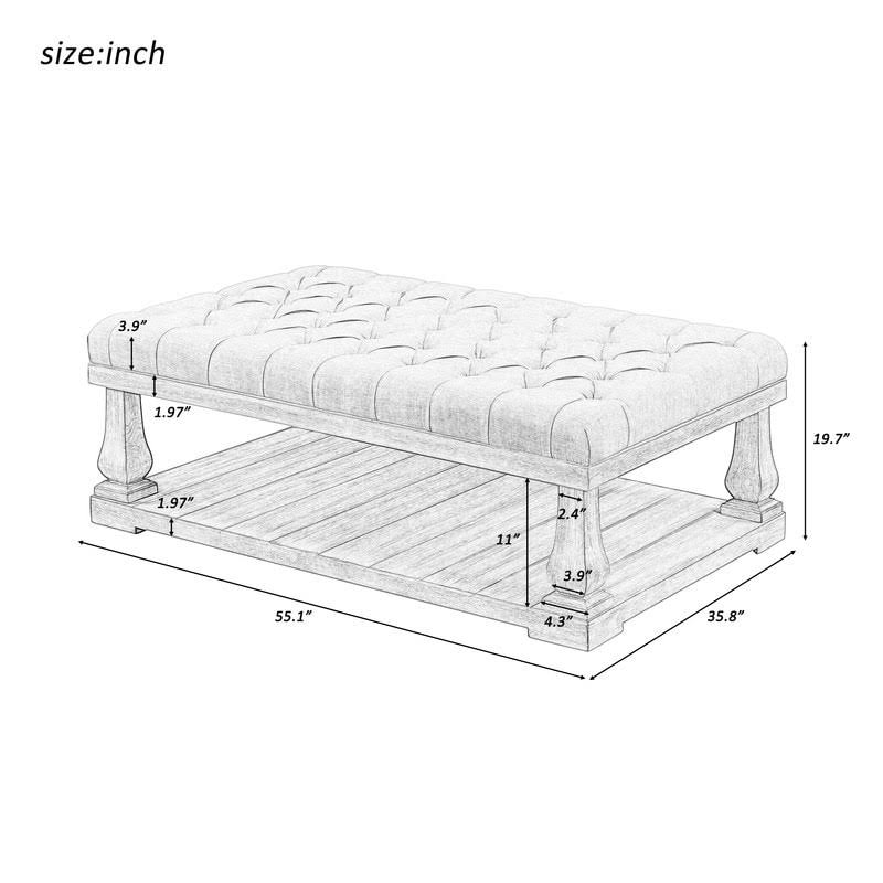Beige Coffee Table with Wood Shelf and Padded Seat Bench M54158