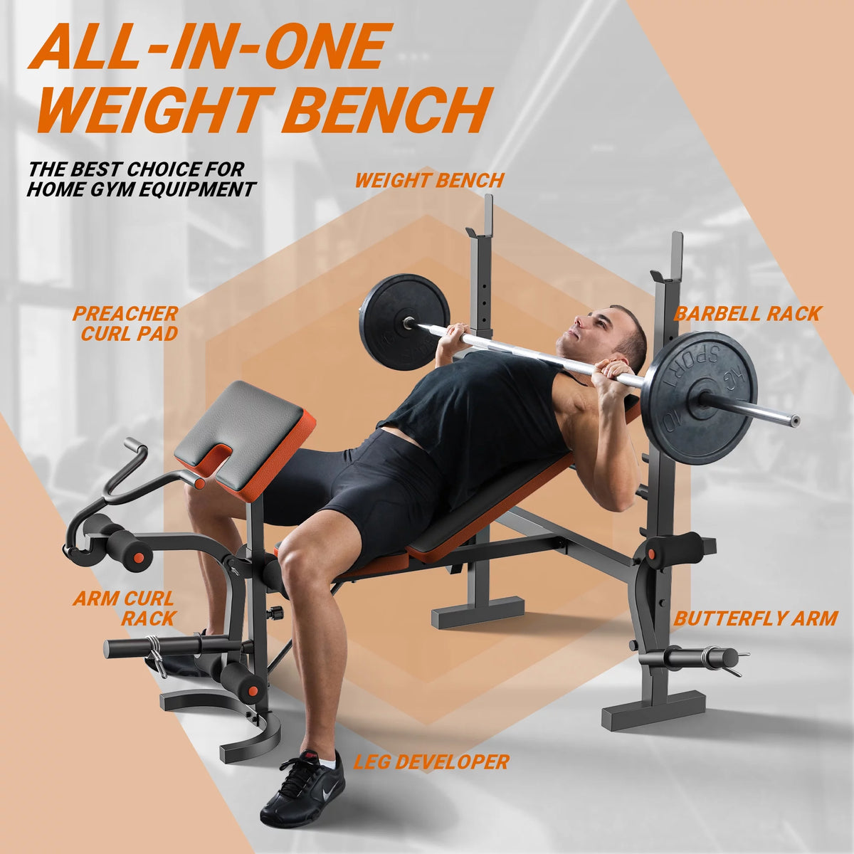 Adjustable Weight Bench with Barbell Rack and Leg Developer K591318