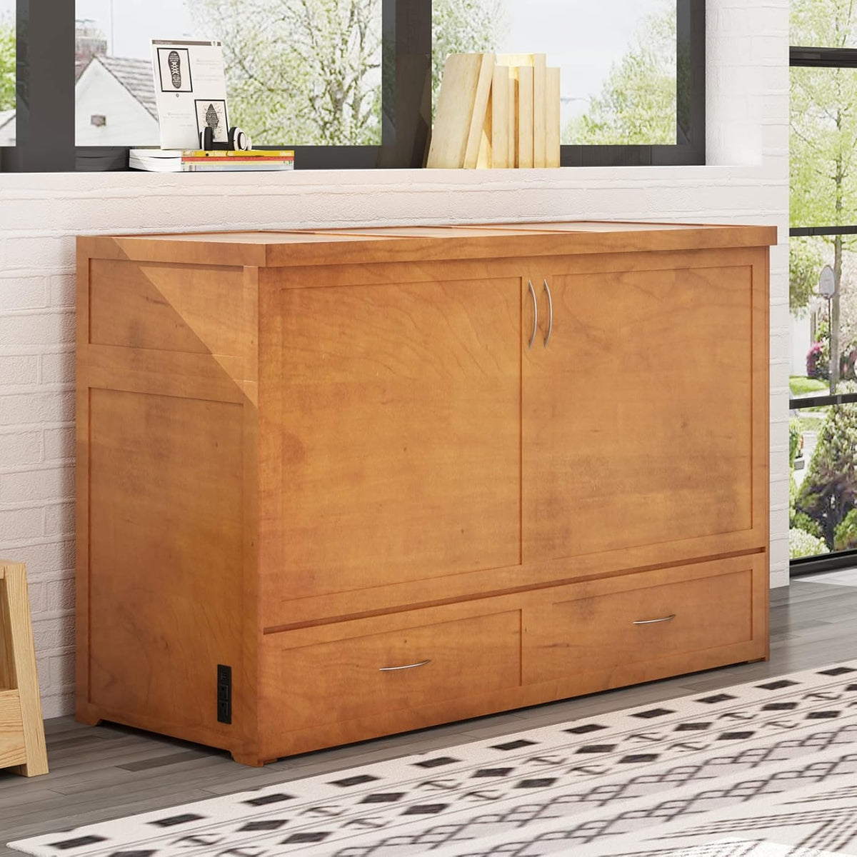 Cherry Murphy Cabinet Bed with Built-in USB Power Strip & 2 Drawers C9539