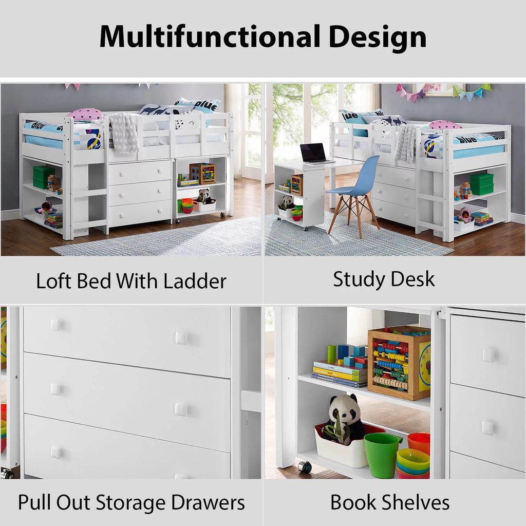 White Twin Size Low Loft Bed with Desk and Storage U72856