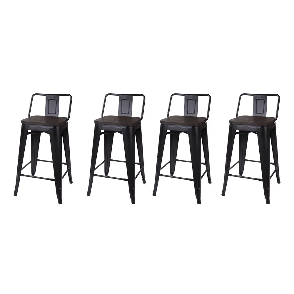 Black 24 inch Low Back Metal Barstool with Dark Wood Seat, Set of 4 G3757