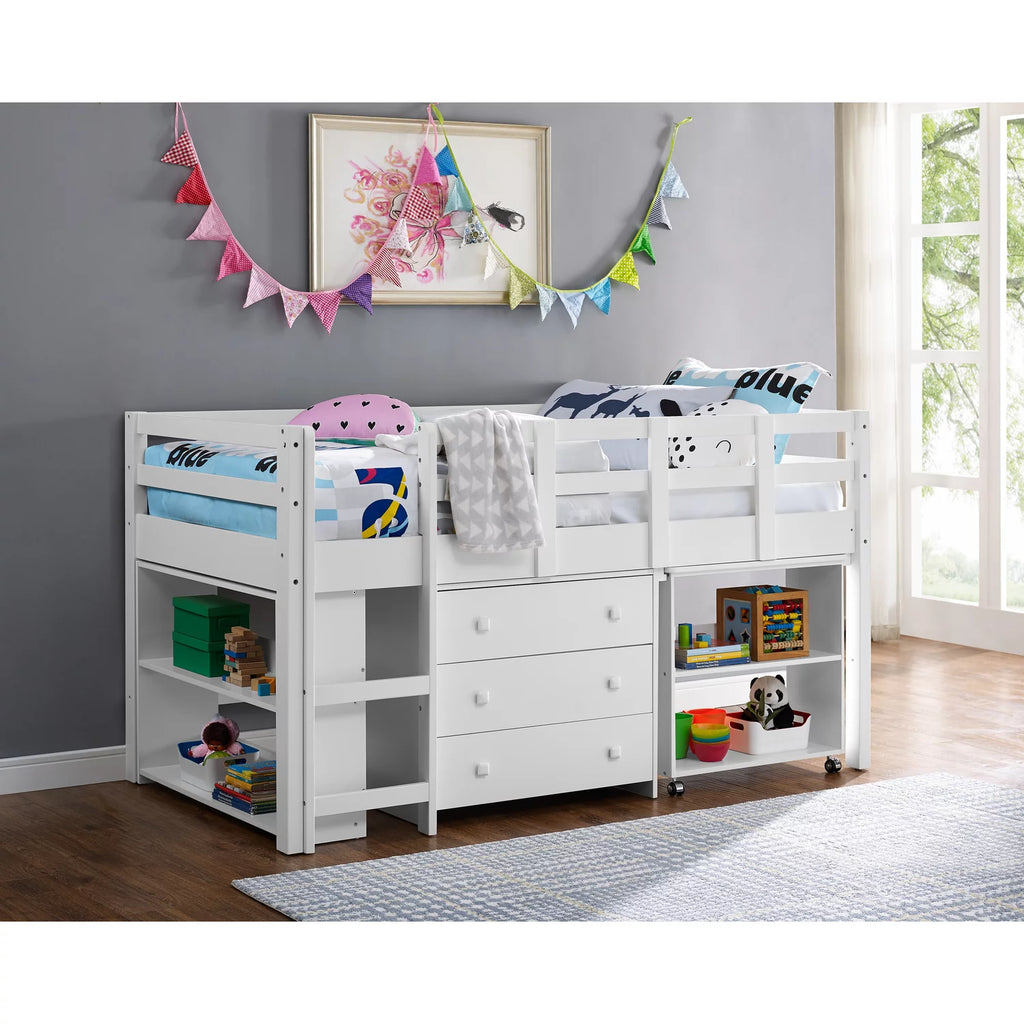 White Twin Size Low Loft Bed with Desk and Storage U72856