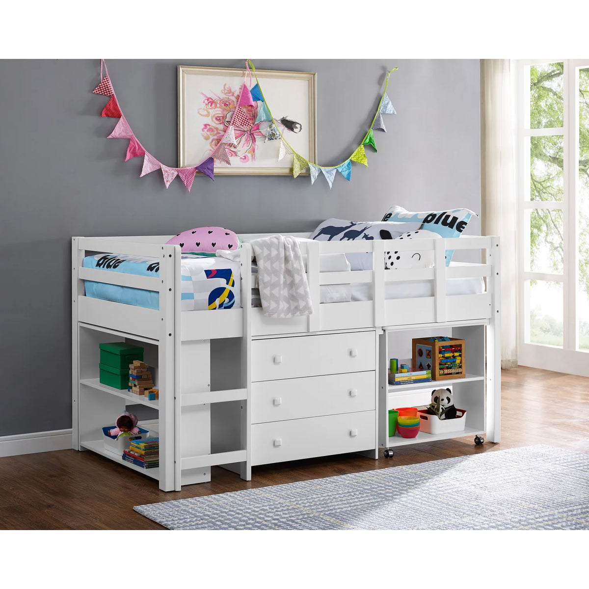 White Twin Size Low Loft Bed with Desk and Storage U72856