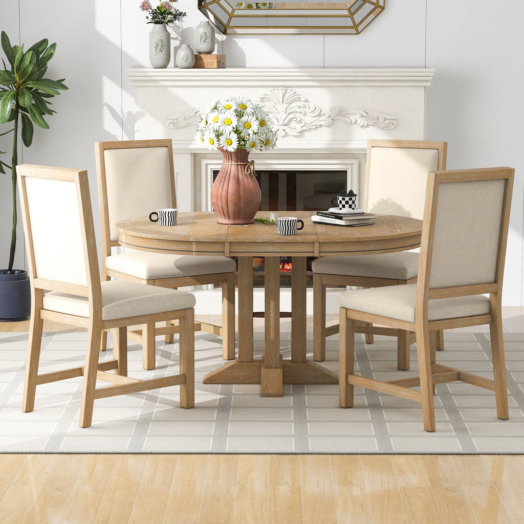 5-Piece Dining Set with Extendable Round Table and 4 Upholstered Chairs S765