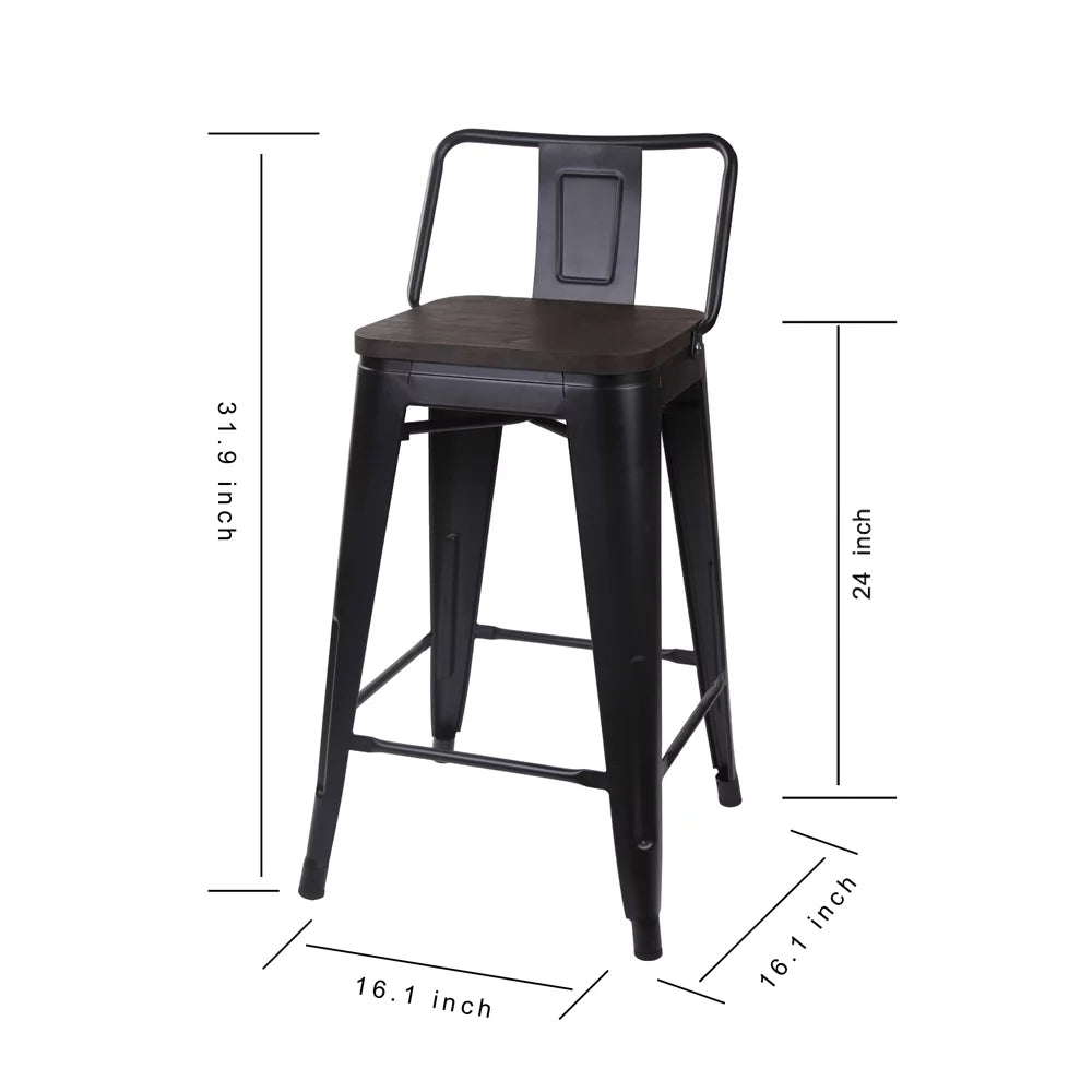 Black 24 inch Low Back Metal Barstool with Dark Wood Seat, Set of 4 G3757
