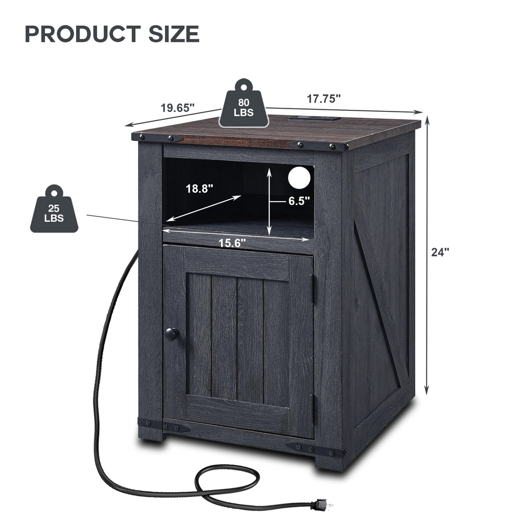 20" Dark Grey Farmhouse Nightstand with Charging Station U2526