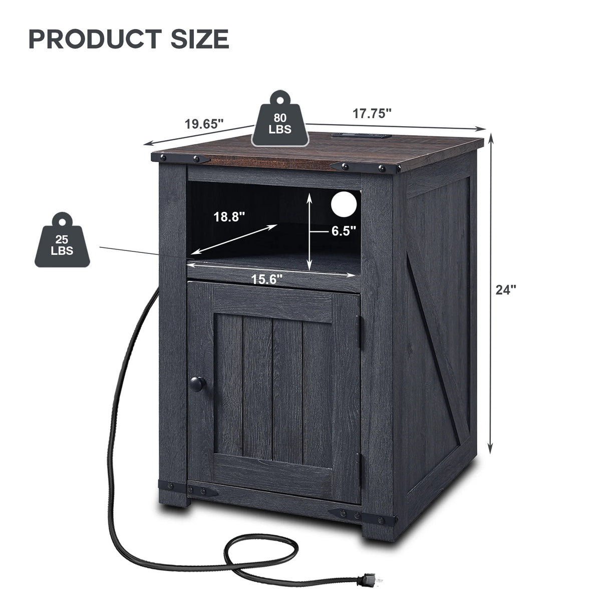 20" Dark Grey Farmhouse Nightstand with Charging Station U2526