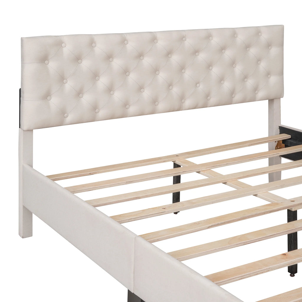 Beige Upholstered Fabric Queen Size Platform Bed Frame O543