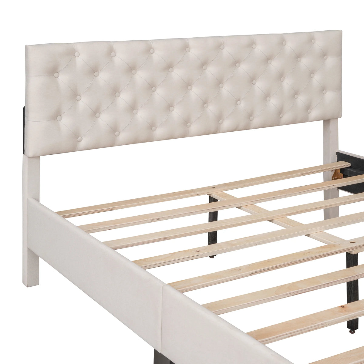 Beige Upholstered Fabric Queen Size Platform Bed Frame O543