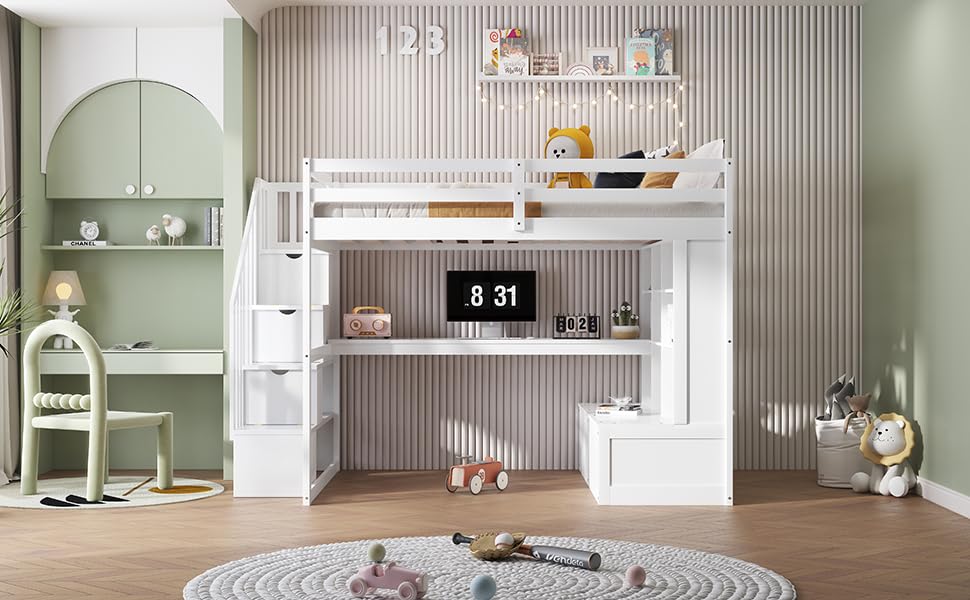 White Full Size Loft Bed with L-Shaped Desk, Wardrobe and Storage Shelves Q1931