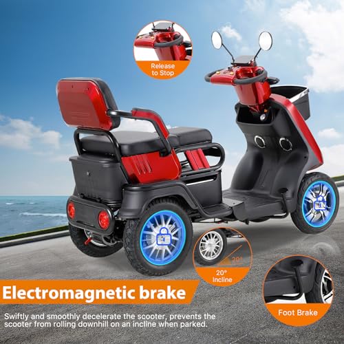 Red 4 Wheel All Terrain Mobility Scooter with 2 Seats, 500lbs Capacity T476
