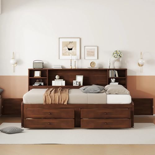 Full Size Wood Captain Bed with Storage Bookcase Drawers and Headboard R466