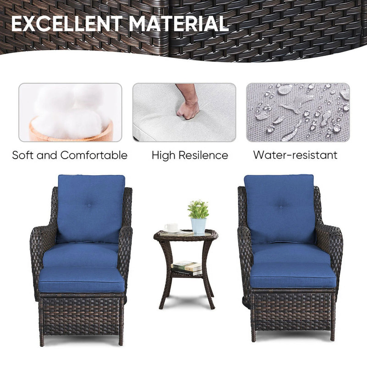 5-Piece Wicker Outdoor Conversation Set with Blue Cushions B7185