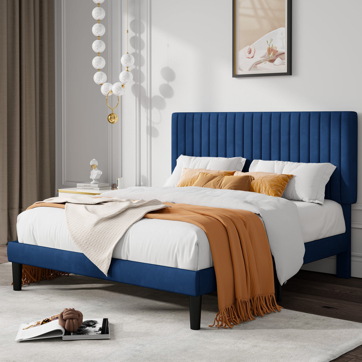 Queen Size Black Velvet Upholstered Platform Bed Frame K1707