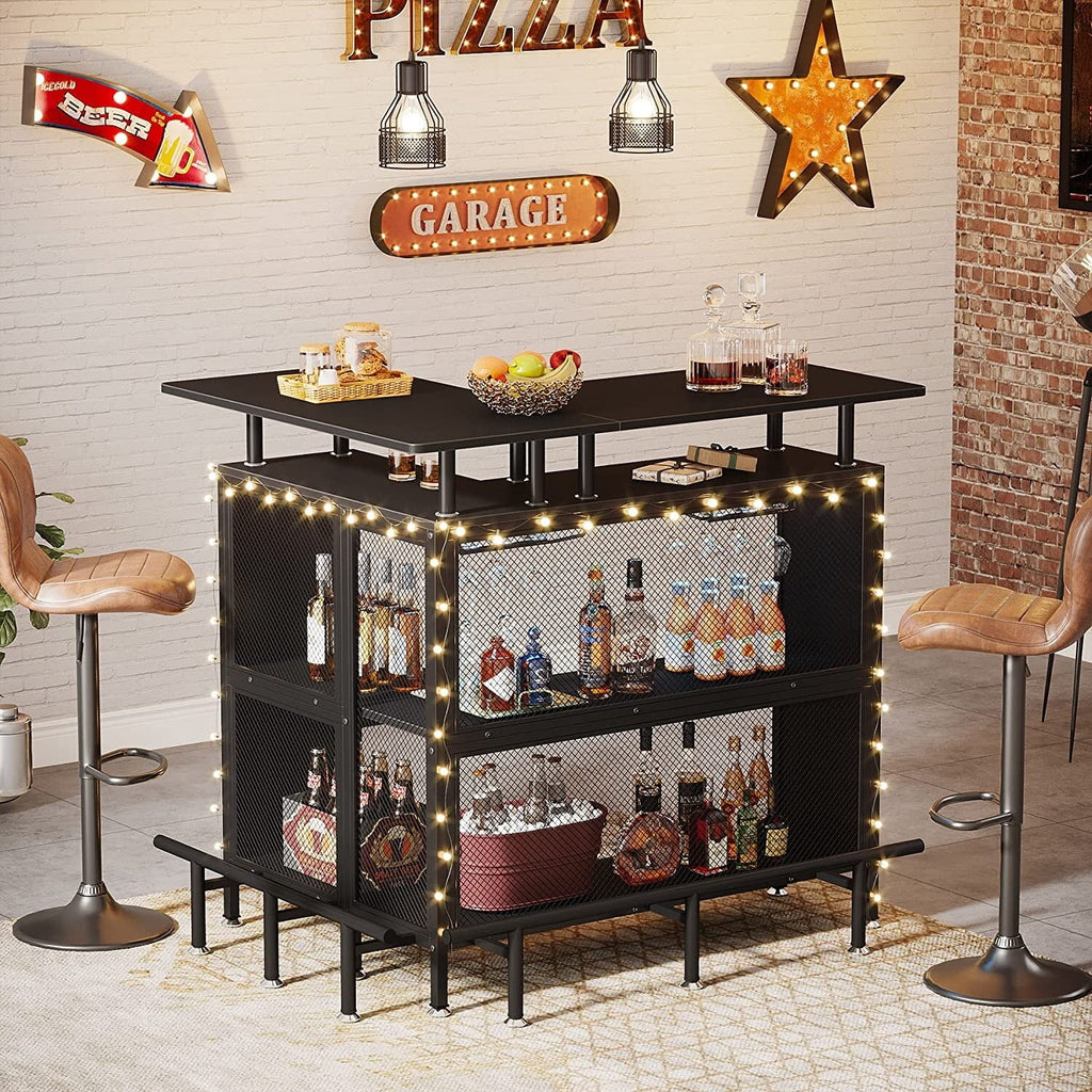 Black L-shape Liquor Bar Table with 2-Tier Storage A88796