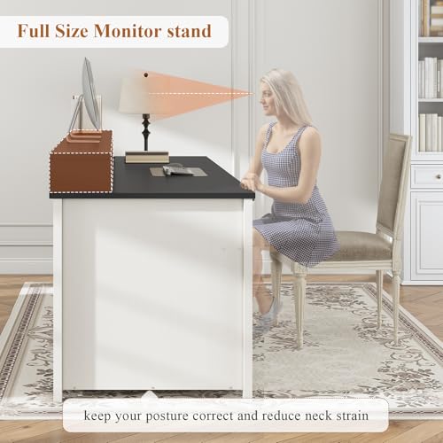 White 63" Wood Desk with File Drawer and Monitor Stand H89107