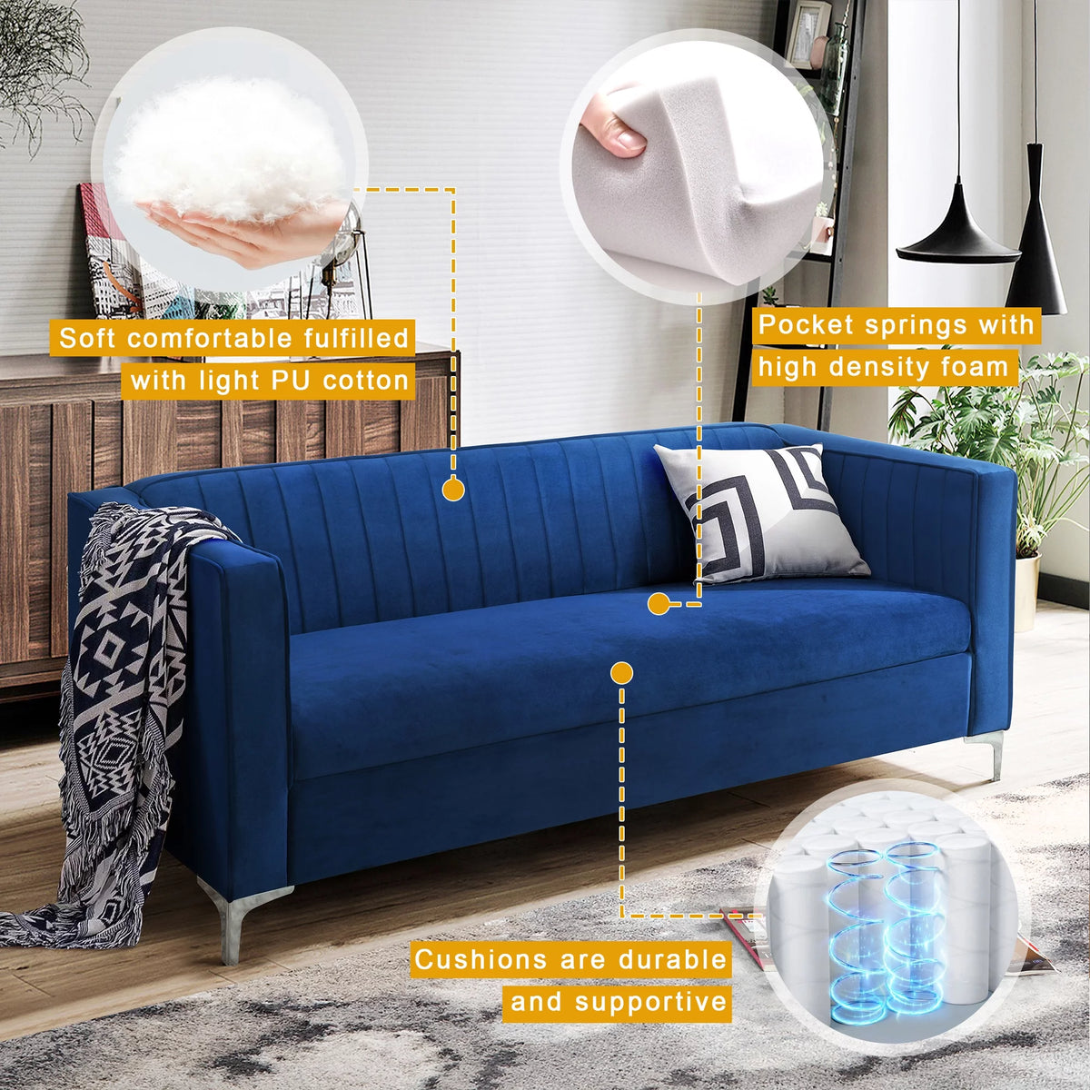 Blue Velvet Loveseat Sofa with Metal Legs X438642