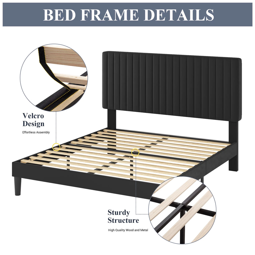 Queen Size Black Velvet Upholstered Platform Bed Frame K1707