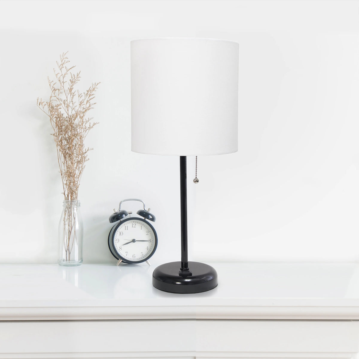 Black Stick Lamp with Outlet and Fabric Shade Two Pack Set C750