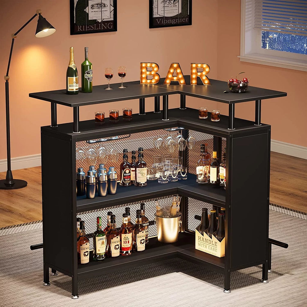 Black L-shape Liquor Bar Table with 2-Tier Storage A88796
