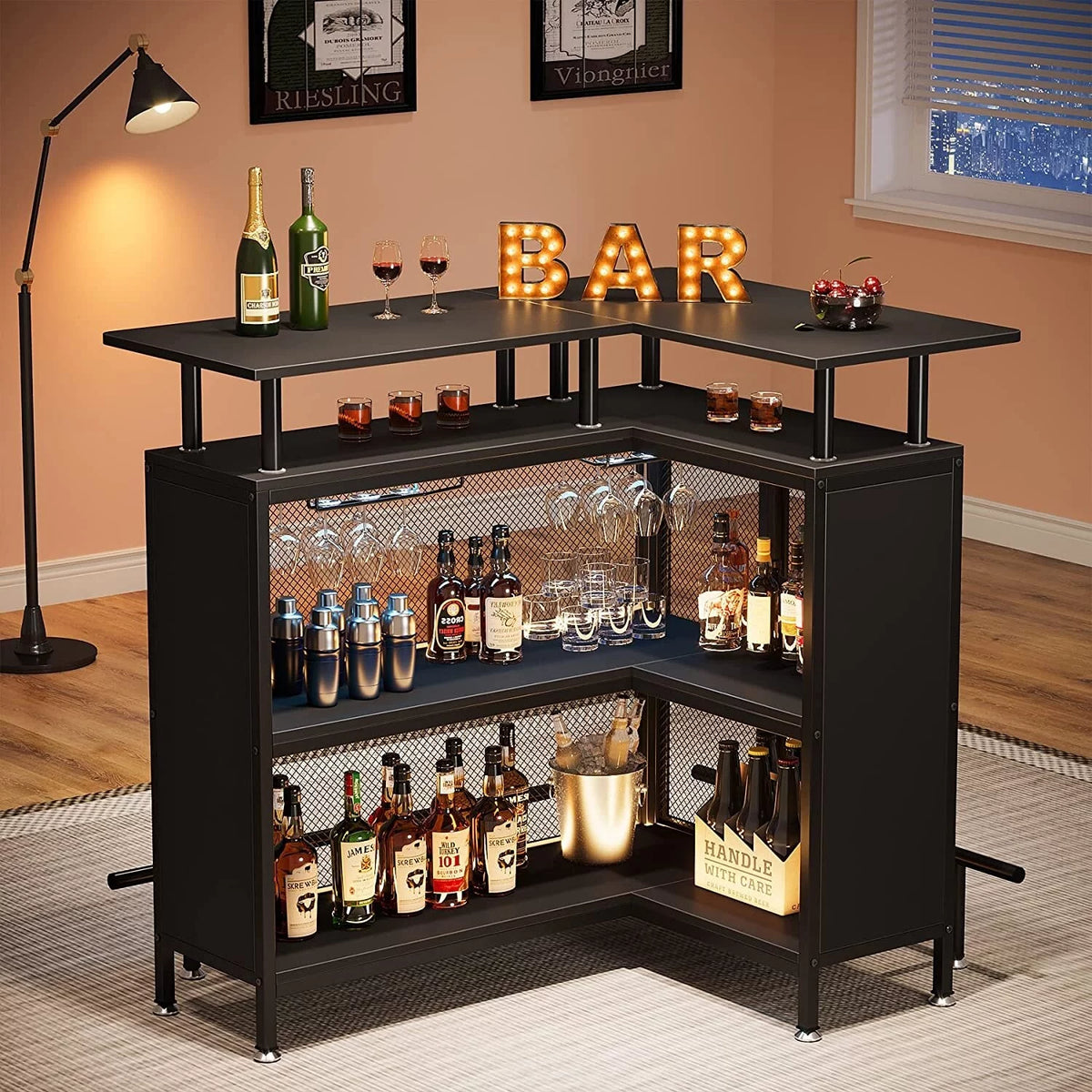 Black L-shape Liquor Bar Table with 2-Tier Storage A88796