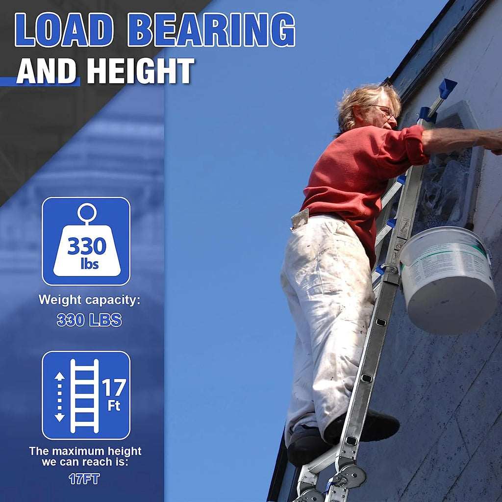 A Frame 4 Step Extension Ladder, 17 Ft Multi Position Ladder with Removable Tool Tray and Stabilizer Bar, 330 lbs Capacity Telescoping Ladder D333929