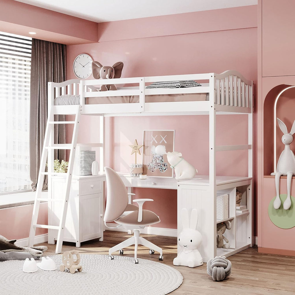 Twin Size Solid Wood Loft Bed with Desk and Storage Shelves T113788