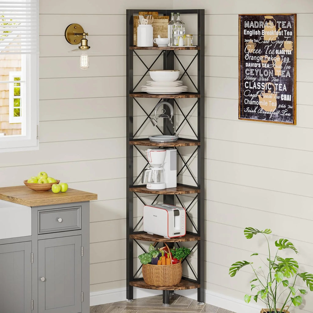 6 Tier Corner Shelf Rustic Corner Bookshelf Small Bookcase Corner Storage Rack Plant Stand Q323670