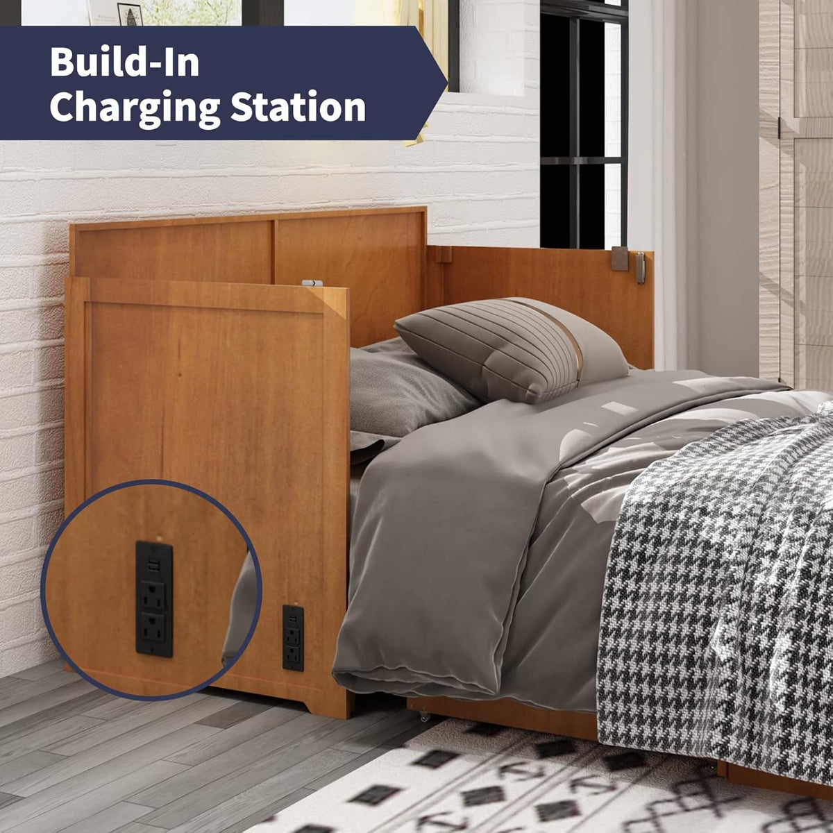 Cherry Murphy Cabinet Bed with Built-in USB Power Strip & 2 Drawers C9539
