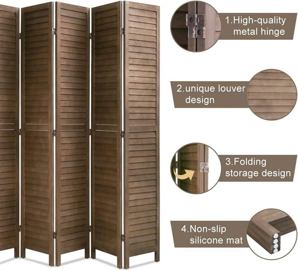 6 Panels 5.75 Ft Tall Wood Louvered Folding Privacy Room Divider I33408
