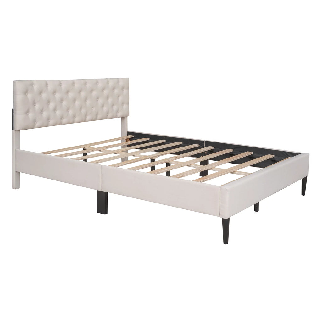 Beige Upholstered Fabric Queen Size Platform Bed Frame O543