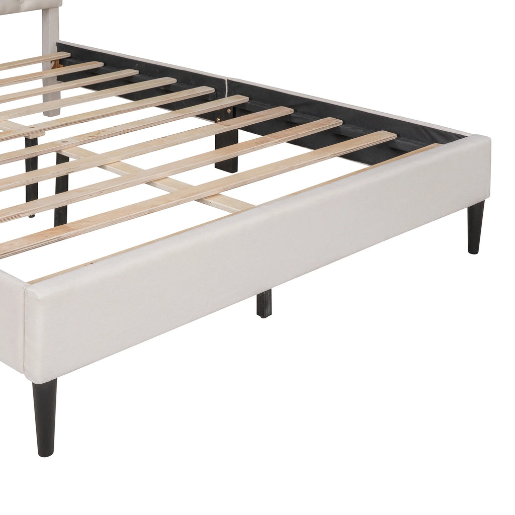Beige Upholstered Fabric Queen Size Platform Bed Frame O543