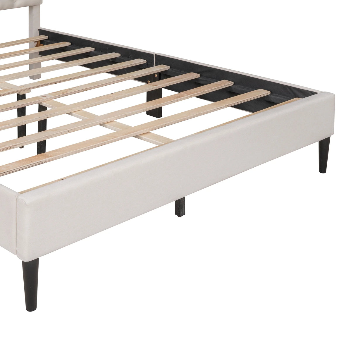 Beige Upholstered Fabric Queen Size Platform Bed Frame O543