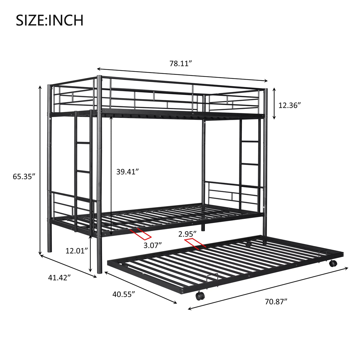 Twin over Twin Black Metal Bunk Bed with Trundle R40987