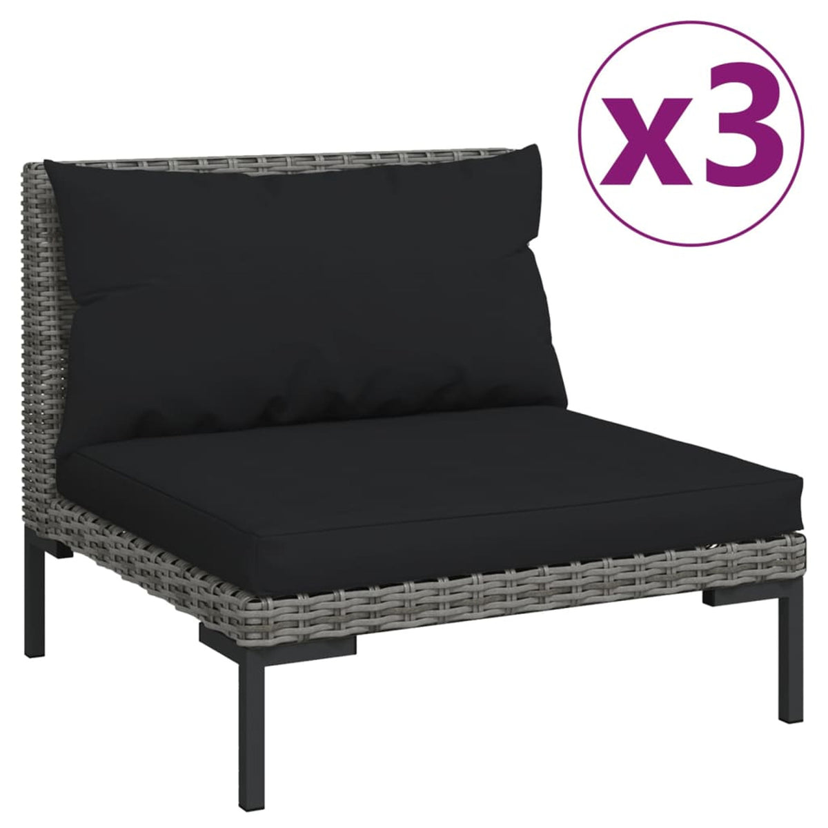 3 Piece Poly Rattan Dark Gray Sectional Sofa Set with Cushions K222