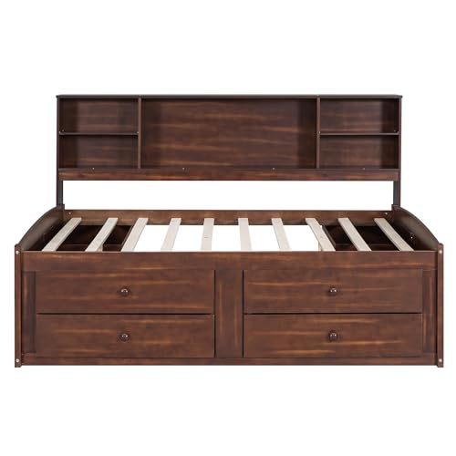 Full Size Wood Captain Bed with Storage Bookcase Drawers and Headboard R466