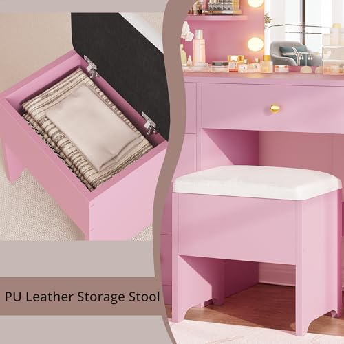 White Vanity Desk with Mirror and Lights, 5 Drawers, and Stool H68551
