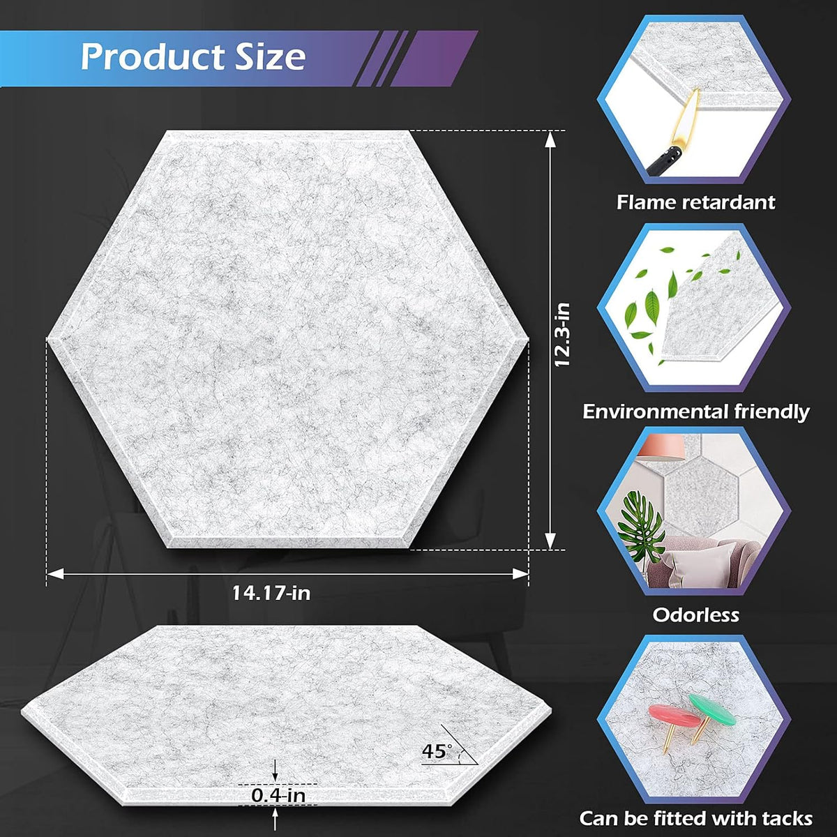 12 Pack Self adhesive Hexagon Acoustic Panels Sound Proof Foam Panels, Grey S648593