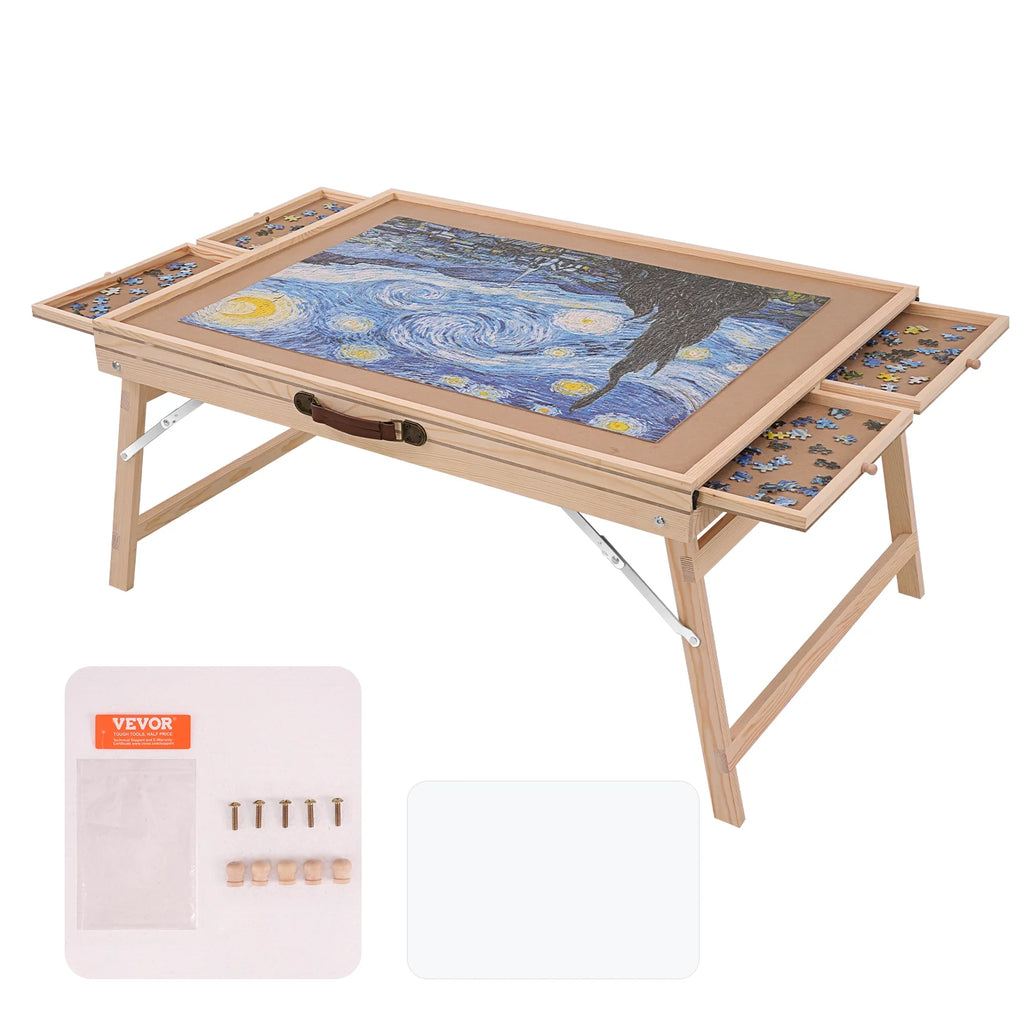 1500 Piece Puzzle Board with Folding Legs & 4 Sliding Drawers 32.7" x 24.6" Wooden Jigsaw Puzzle Table P24829