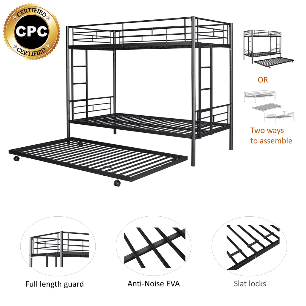 Twin over Twin Black Metal Bunk Bed with Trundle R40987