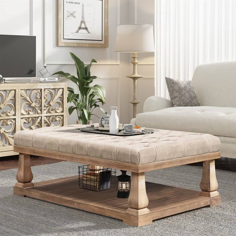 Beige Coffee Table with Wood Shelf and Padded Seat Bench M54158