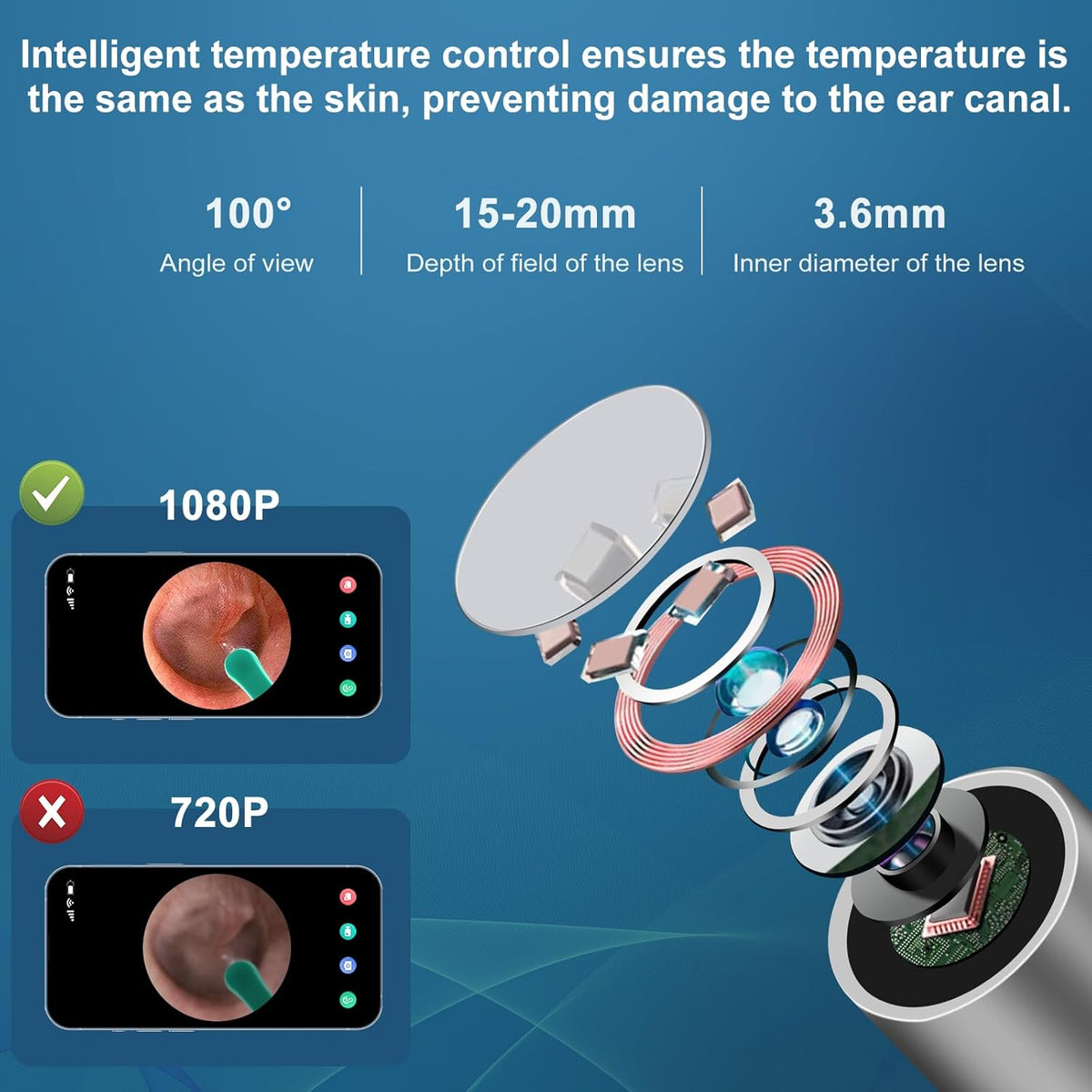 Ear Wax Removal Tool Camera with 8 Pcs Ear Set, 1080P HD Otoscope Camera and 6 LED Lights O619