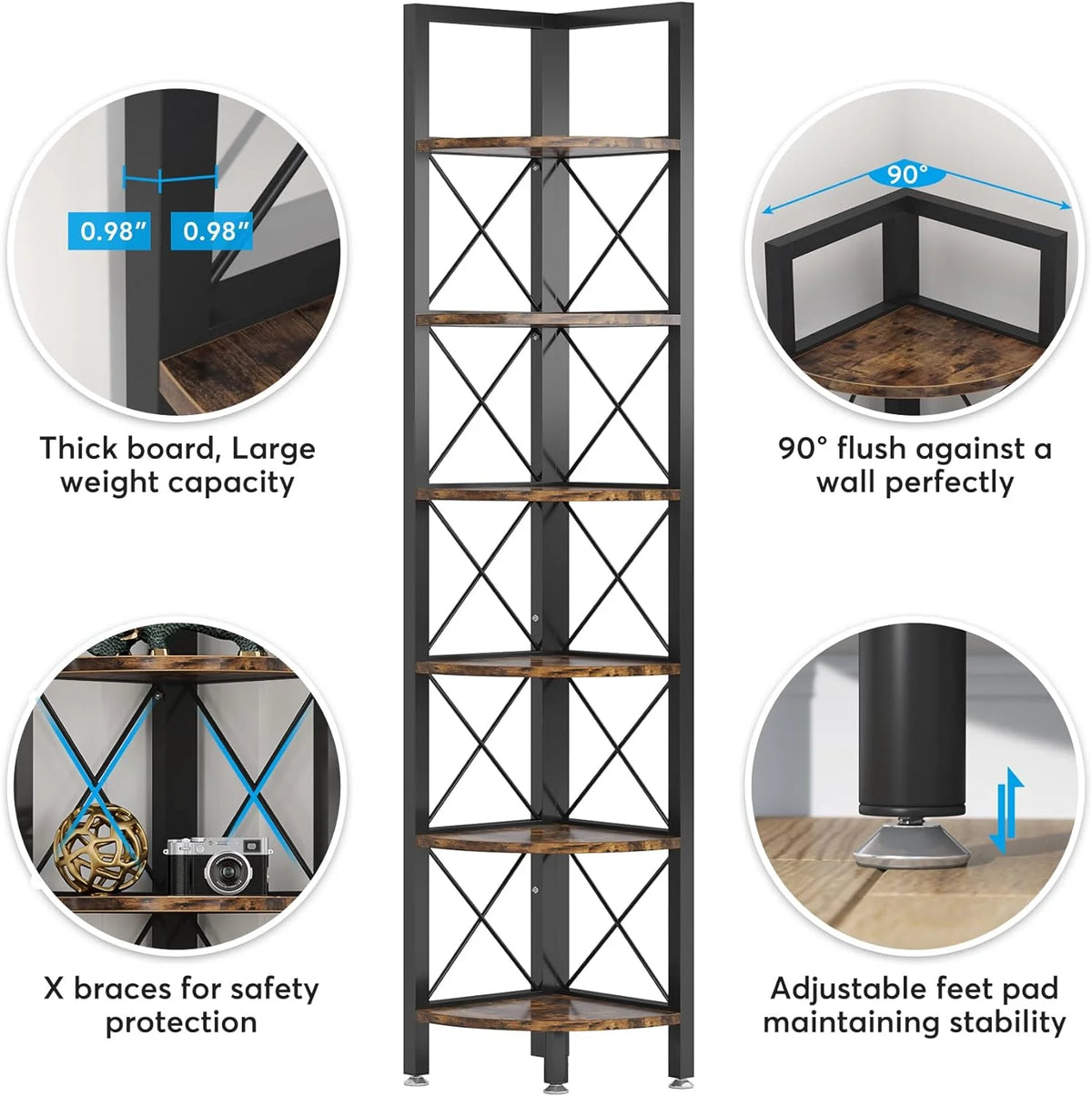 6 Tier Corner Shelf Rustic Corner Bookshelf Small Bookcase Corner Storage Rack Plant Stand Q323670