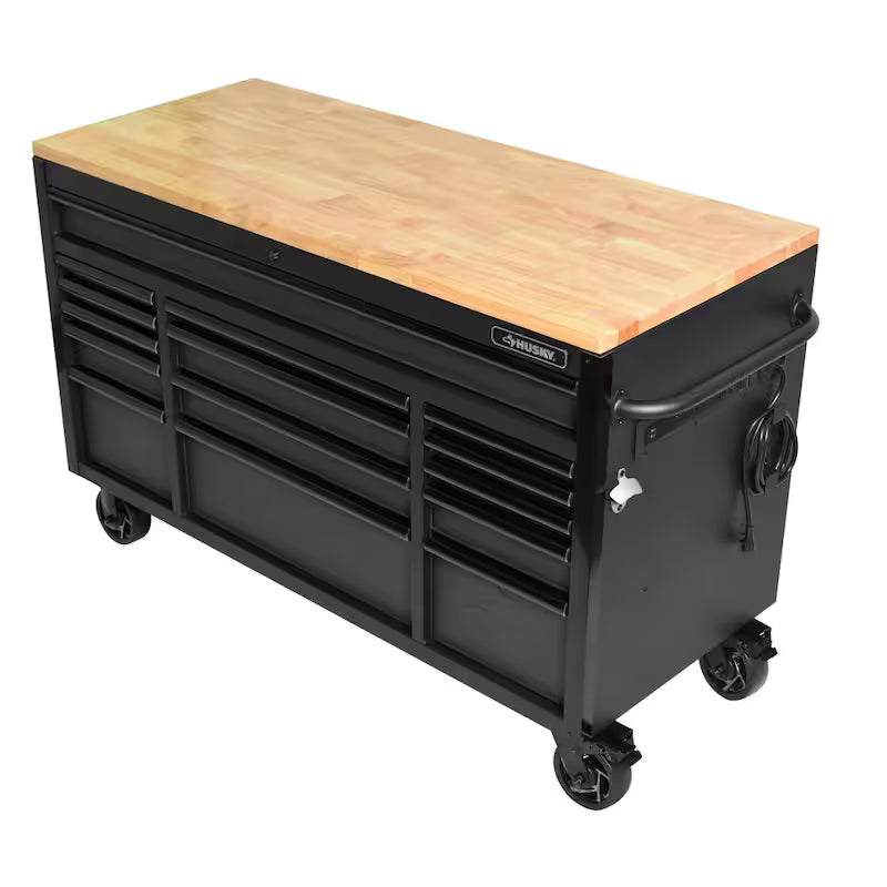 Heavy Duty 15-Drawer Mobile Workbench Tool Chest with Solid Wood Top in Matte Black N6794