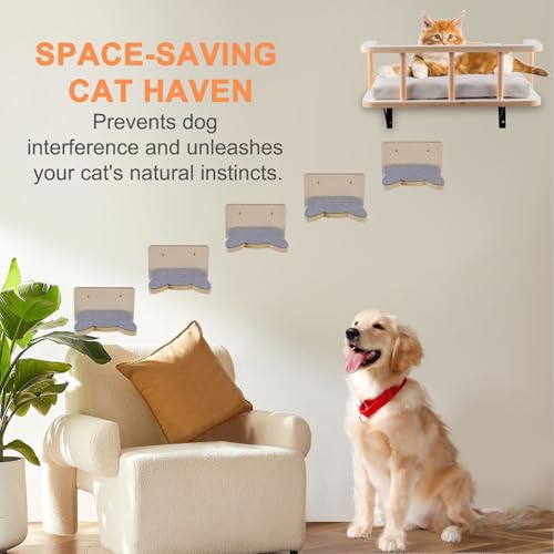 Natural Wood Cat Wall Shelves with 5 Steps Q2731